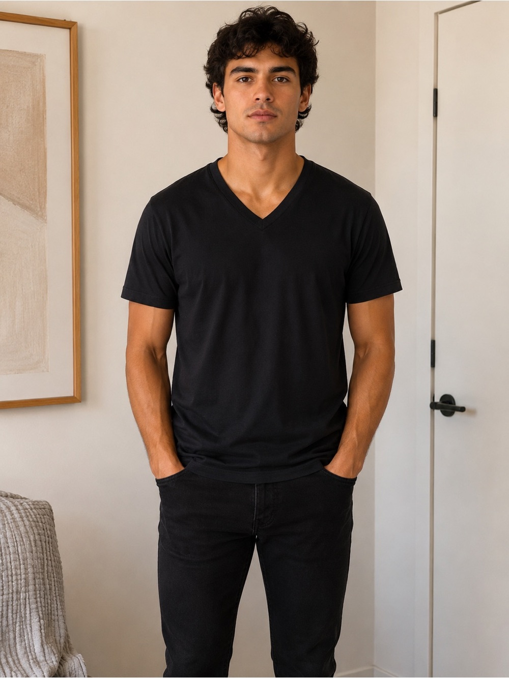 Men's Black V-Neck Short Sleeve Shirt